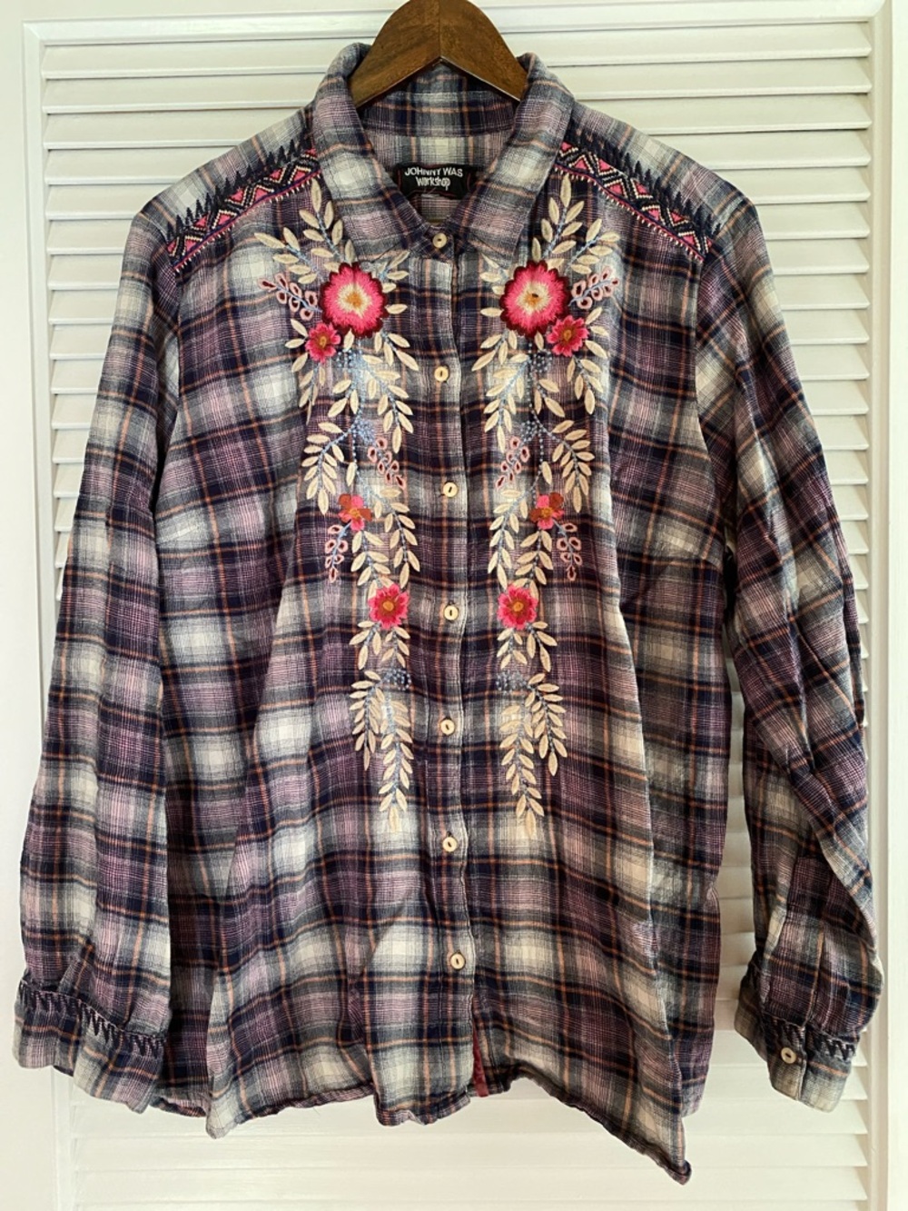 Johnny Was Purple Plaid Button-Down with Pink Floral Embroidery